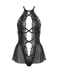 Linsori Noir Deep V Floral Lace Teddy Plus Size - White background view