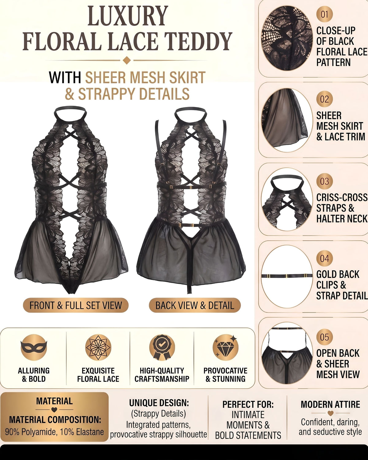 Linsori Noir Deep V Floral Lace Teddy Plus Size -  Product detail view