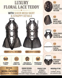 Linsori Noir Deep V Floral Lace Teddy Plus Size -  Product detail view
