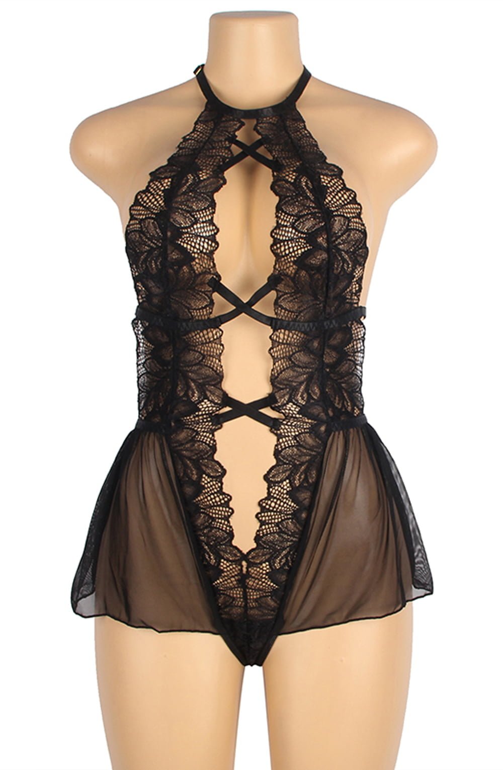 Linsori Noir Deep V Floral Lace Teddy - lifestyle view