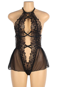 Linsori Noir Deep V Floral Lace Teddy - lifestyle view
