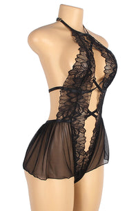 Linsori Noir Deep V Floral Lace Teddy - front view