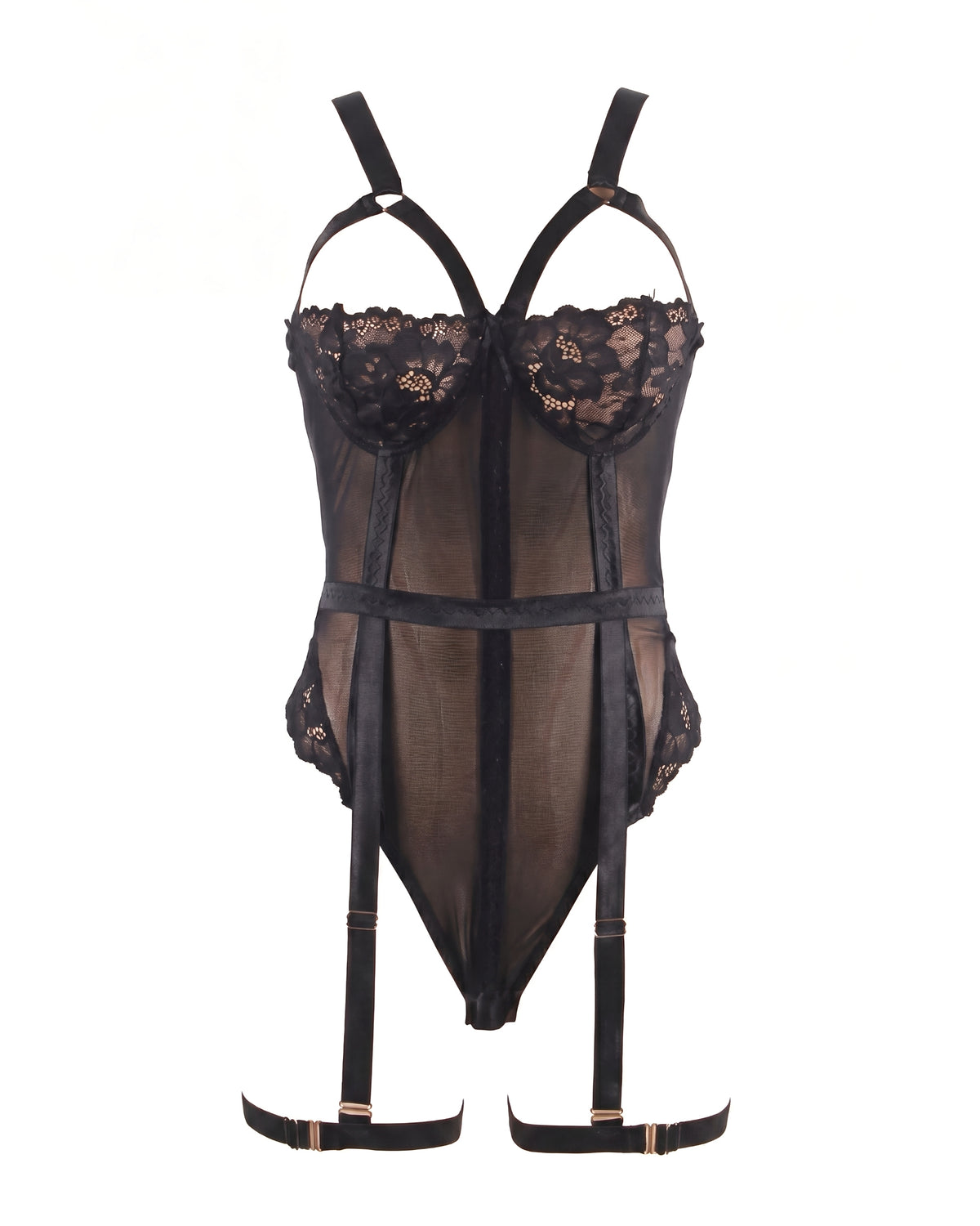 Linsori Noir Lace Suspender Bodysuit - White background view