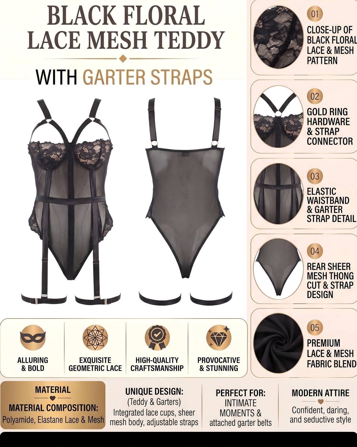 Linsori Noir Lace Suspender Bodysuit -  Product detail view