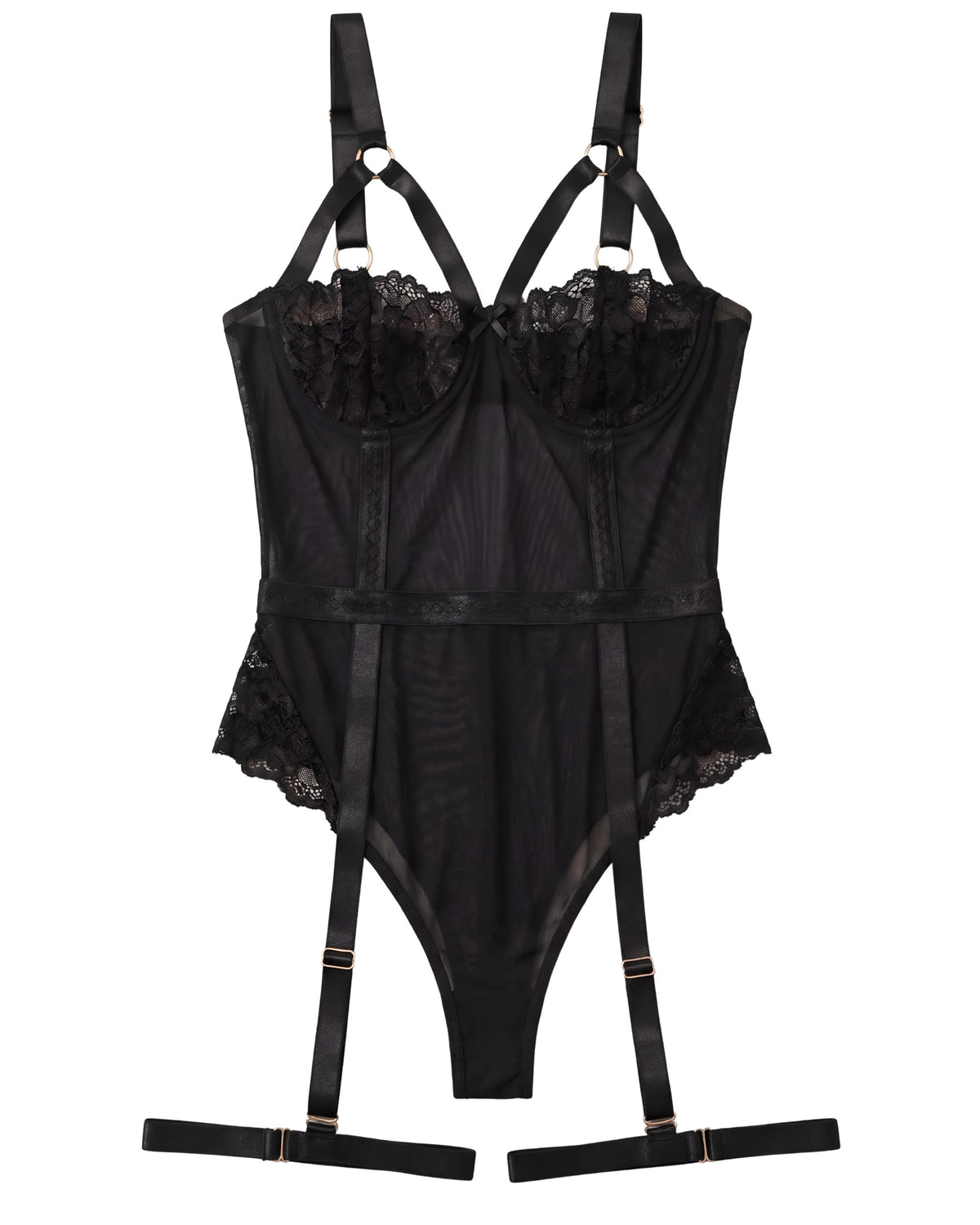 Linsori Noir Lace Suspender Bodysuit Plus - White background view