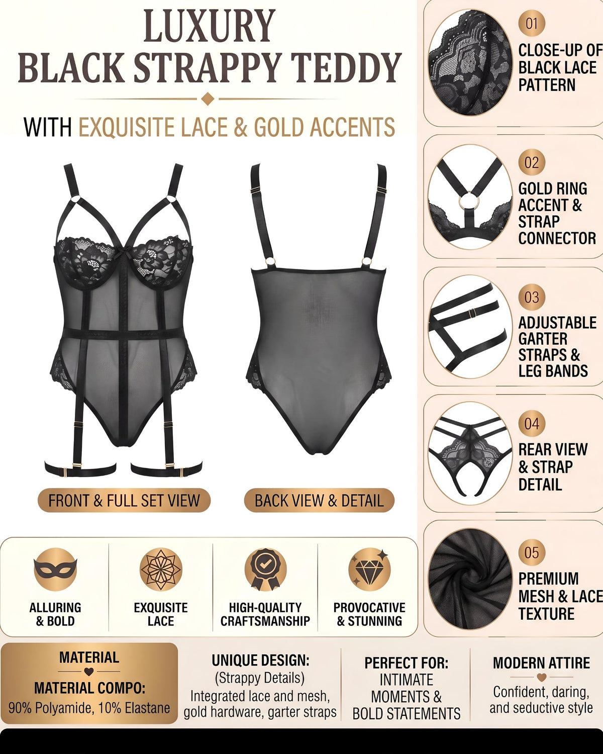 Linsori Noir Lace Suspender Bodysuit Plus -  Product detail view