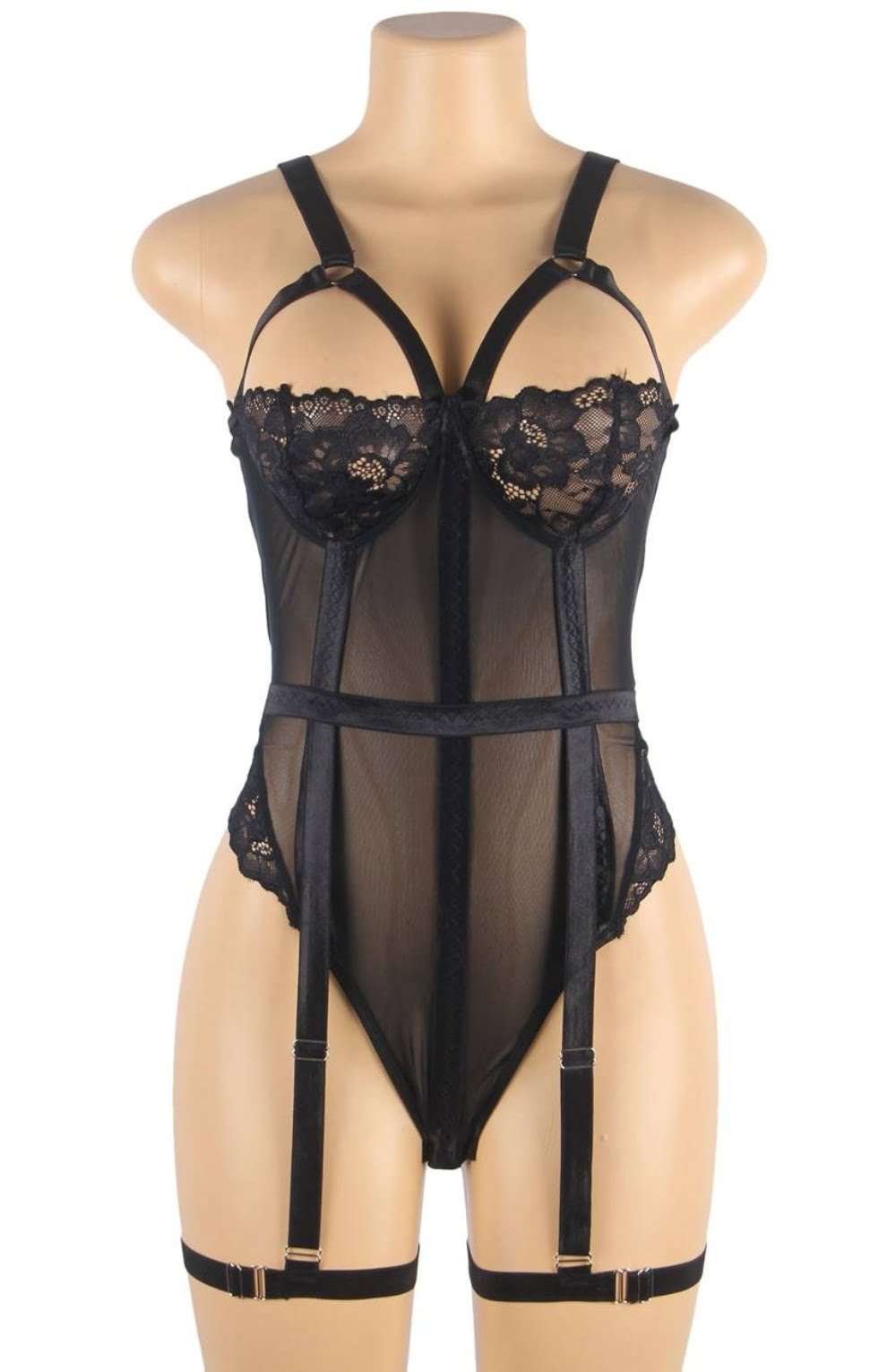 Linsori Noir Lace Suspender Bodysuit Plus - styled view