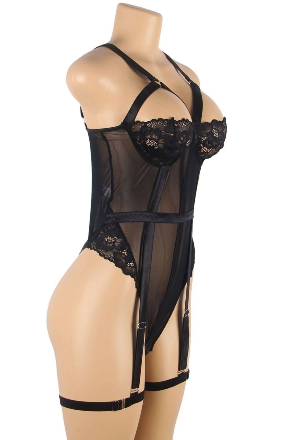 Linsori Noir Lace Suspender Bodysuit Plus - back view