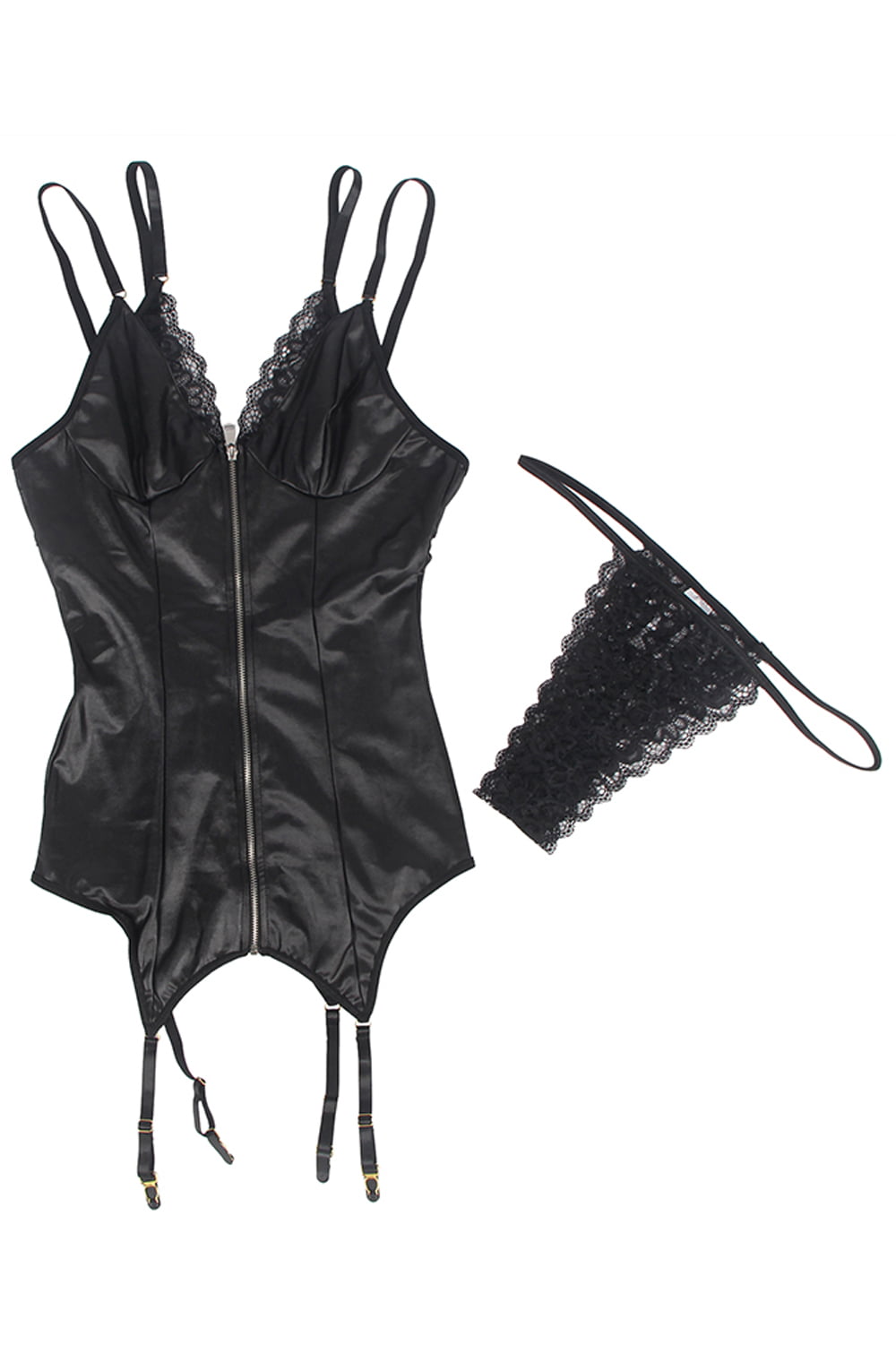 Linsori Noir Wet Look Gartered Babydoll - close-up
