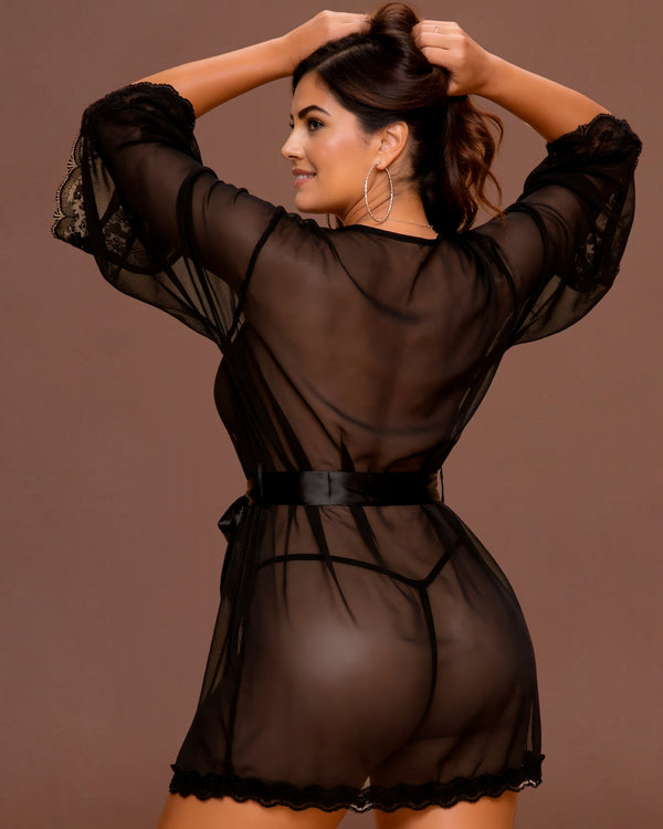 Linsori Noir Lace Flowing Dressing Gown Plus Size -  back view