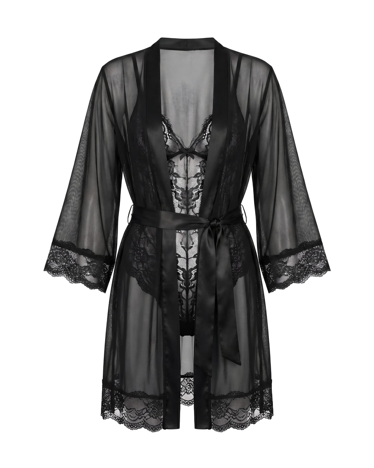 Linsori Noir Lace Flowing Dressing Gown Plus Size - White background view