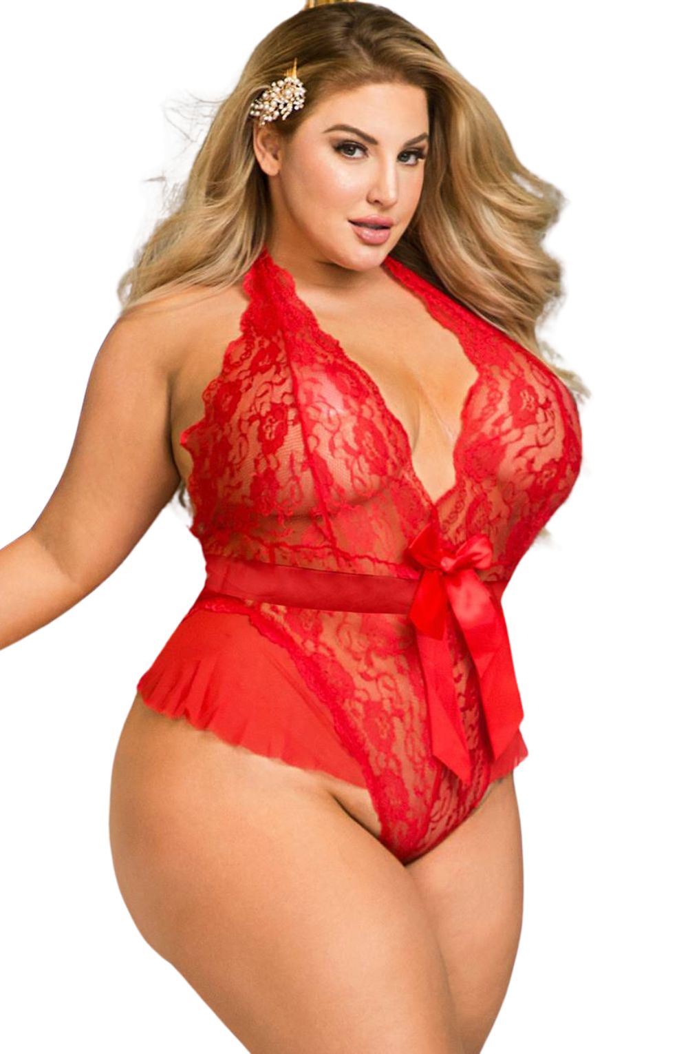 Linsori Scarlet Ruffled Lace Teddy - styled view