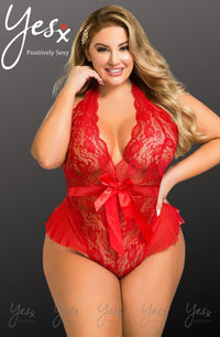 Linsori Scarlet Ruffled Lace Teddy - detail view