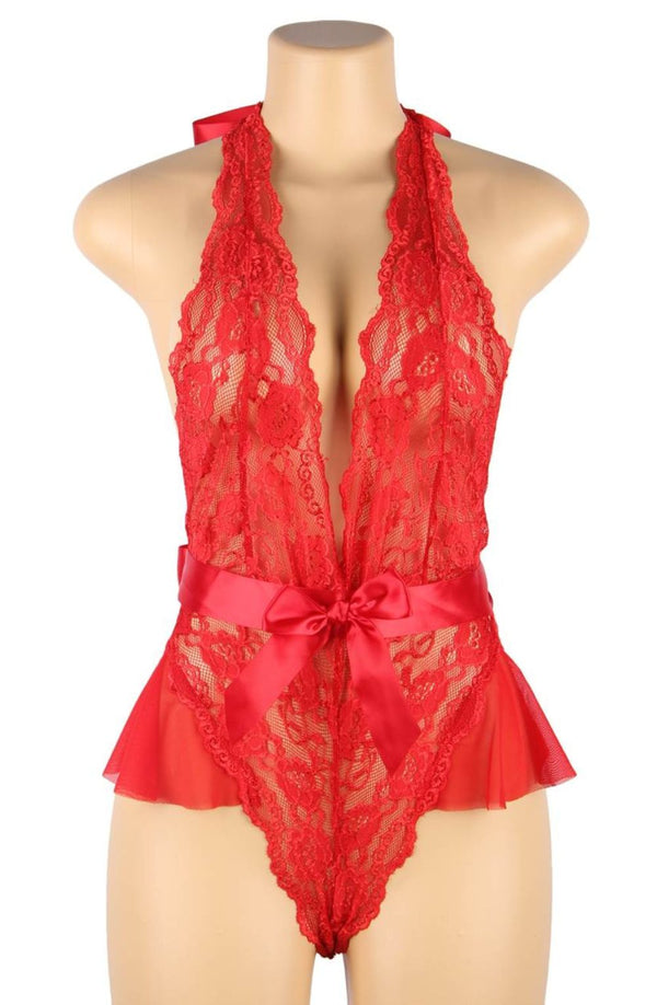 Linsori Scarlet Ruffled Lace Teddy - back view