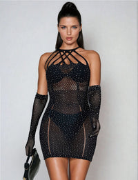 Linsori Obsidian Rhinestone Fishnet Dress - detail view