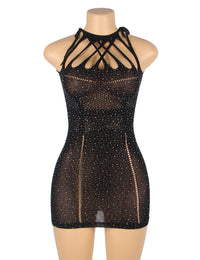 Linsori Obsidian Rhinestone Fishnet Dress - front view