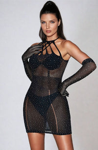 Linsori Obsidian Rhinestone Fishnet Dress - back view