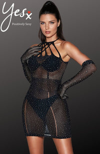 Linsori Obsidian Rhinestone Fishnet Dress - styled view