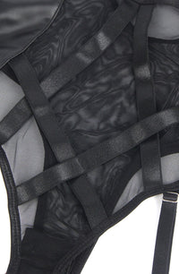 Linsori Shadow Mesh Bodysuit with Garters - front view