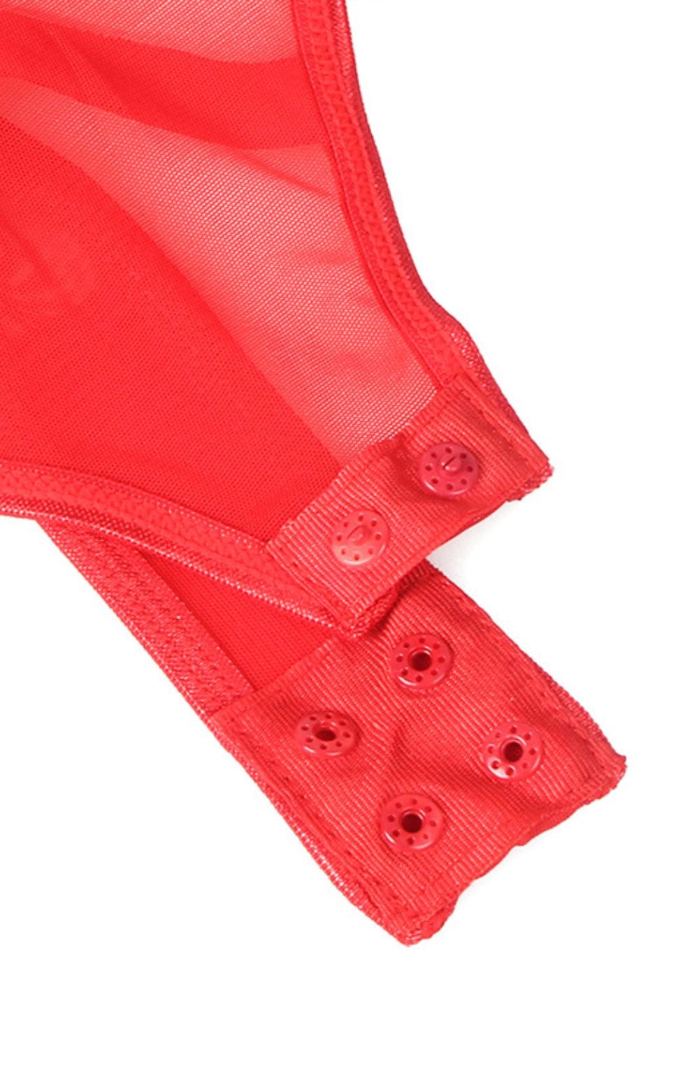 Linsori Crimson Leather & Mesh Bodysuit - close-up