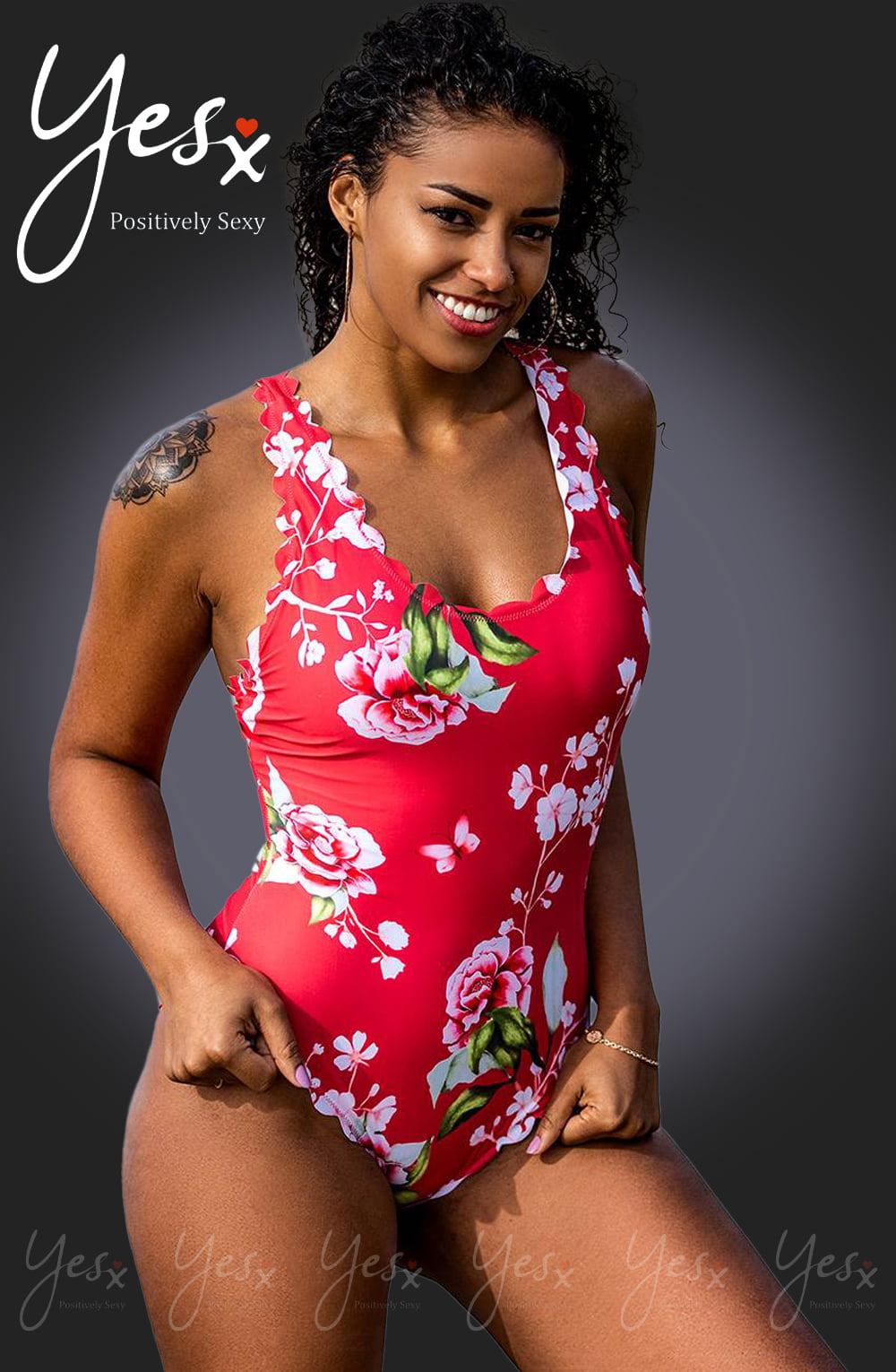 Linsori Blush Floral Scalloped Swimsuit - close-up
