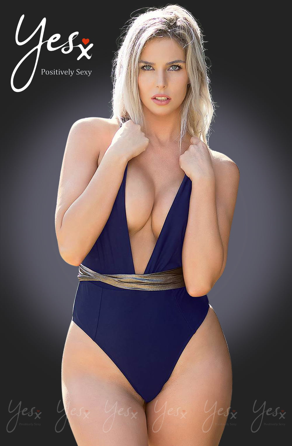 Linsori Navy Deep Plunge Swimsuit - side view