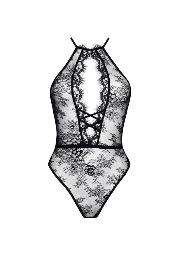 Linsori Noir Lace Cut-Out Floral Lace Teddy - back view