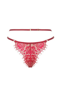 Linsori Crimson Botanical Lace Thong - detail view