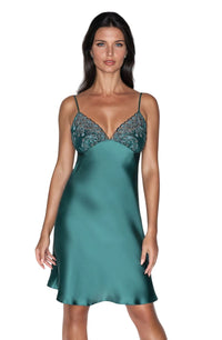 Linsori Emerald Satin Floral Nightdress – Short - front view