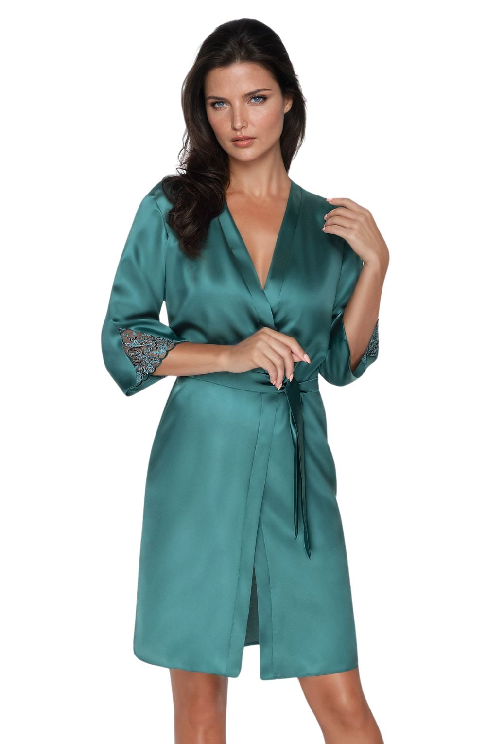 Linsori Emerald Satin Embroidered Robe - front view