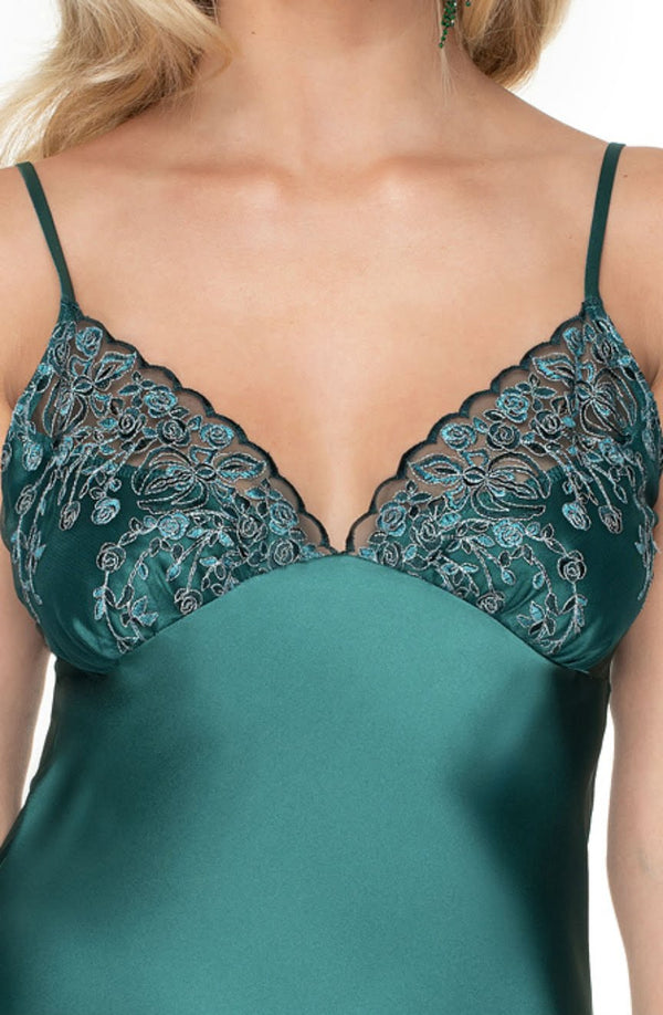 Linsori Emerald Satin Floral Nightdress – Short - back view