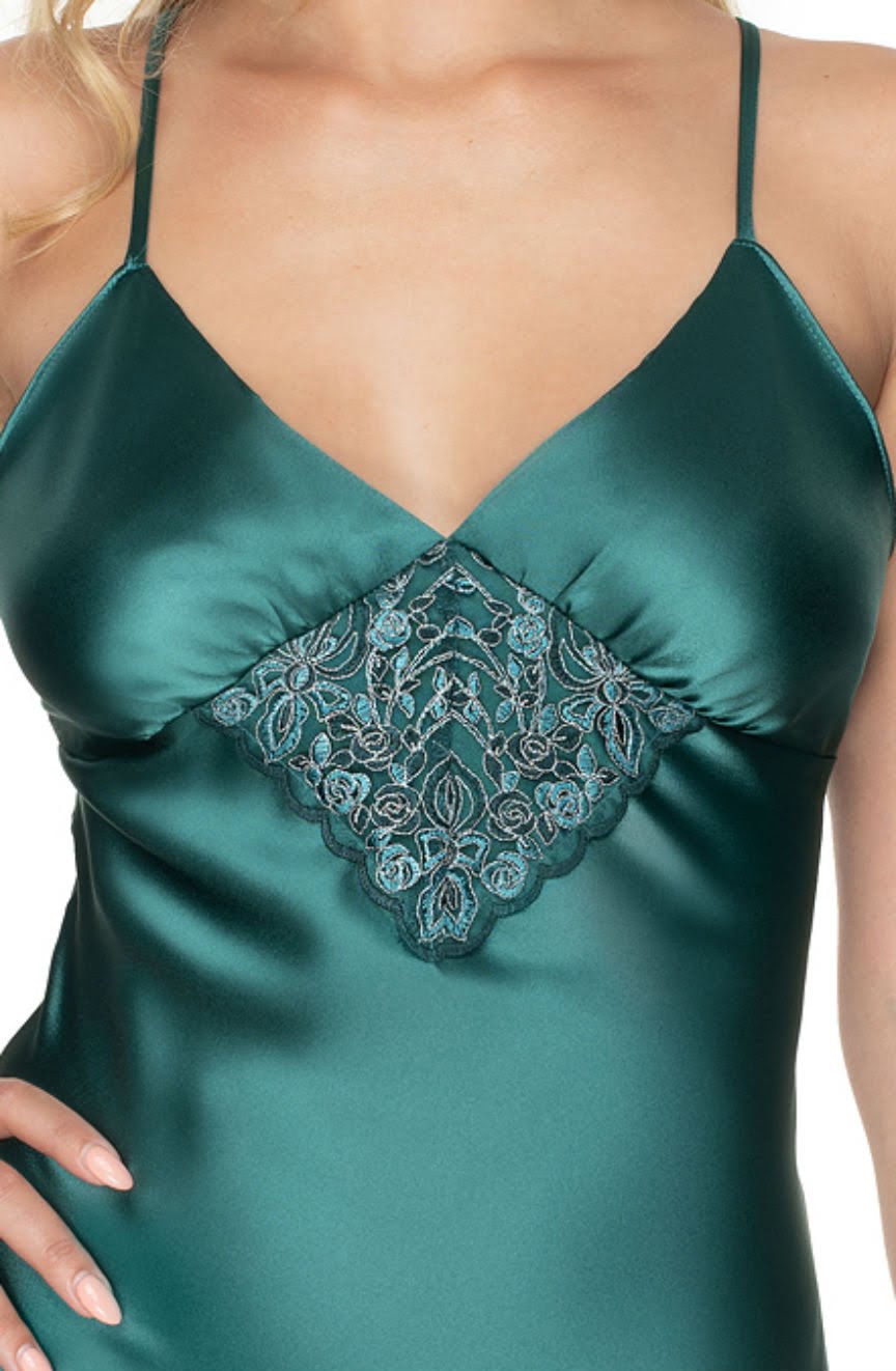 Linsori Emerald Satin Open Back Nightdress - back view