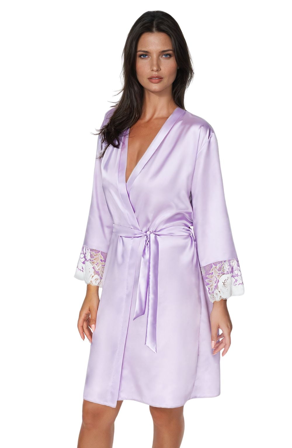 Linsori Lavender Floral Satin Dressing Gown - front view