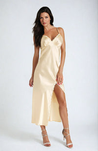 Linsori Champagne Satin Nightdress with Lace - styled view