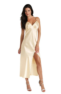 Linsori Champagne Satin Nightdress with Lace - front view