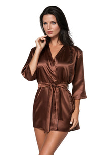 Linsori Aria Satin Dressing Gown in Cocoa - styled view