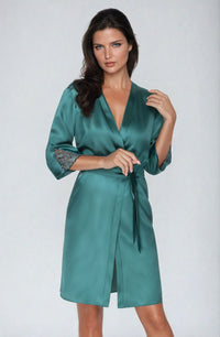 Linsori Emerald Satin Embroidered Robe - styled view
