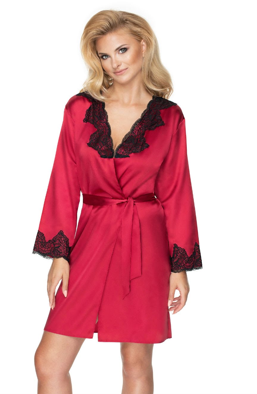 Linsori Bordeaux Satin Floral Lace Robe - styled view