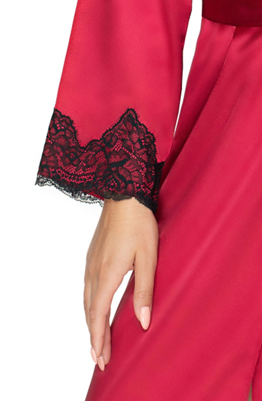 Linsori Bordeaux Satin Floral Lace Robe - back view