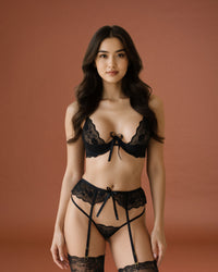 Linsori Noir Rose Lace Three-Piece Set Plus Size - Front view 