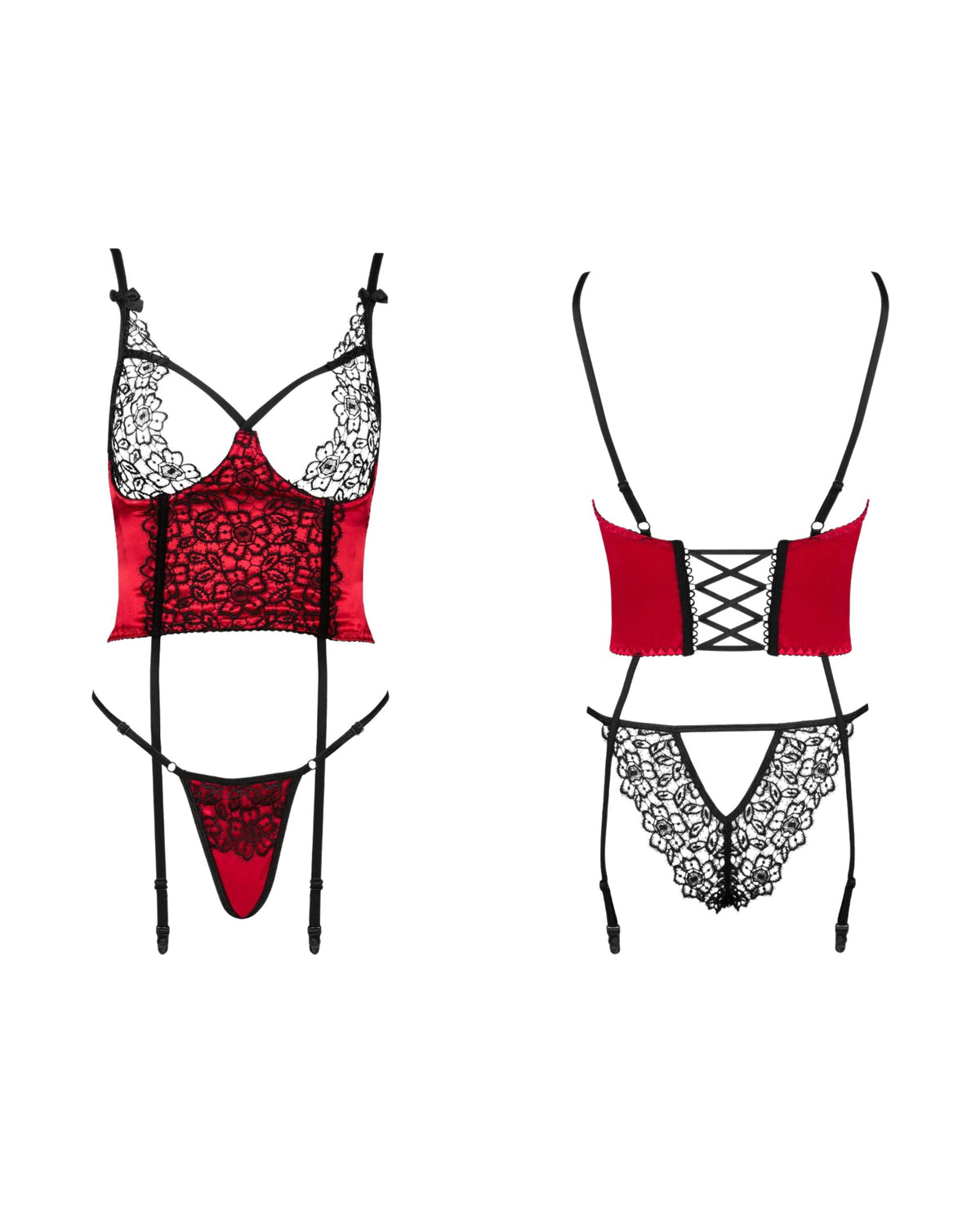 Linsori Scarlet Satin Corset Smooth Satin Set - White background view