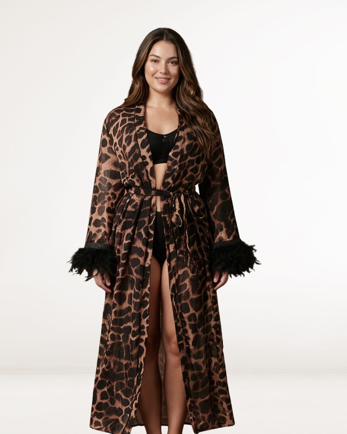 Linsori Wild Nights Feather Trim Robe Plus Size - Lifestyle view