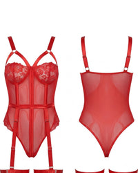 Linsori Crimson Lace Suspender Bodysuit - White background view