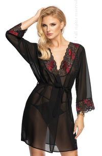 Linsori Noir Chiffon Robe with Lace - close-up