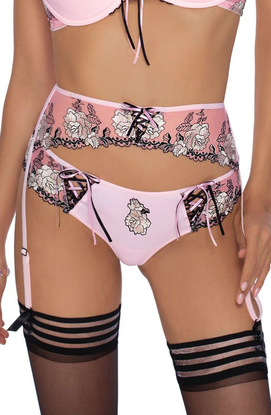 Linsori Natali Floral Embroidered Thong in Blush - styled view