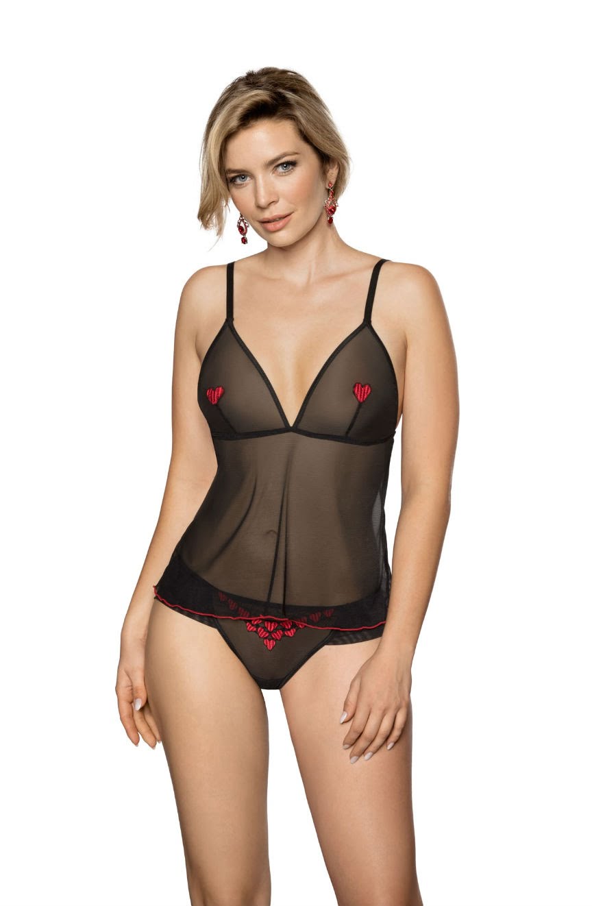 Linsori Heart Embroidered Noir Tulle Top - close-up