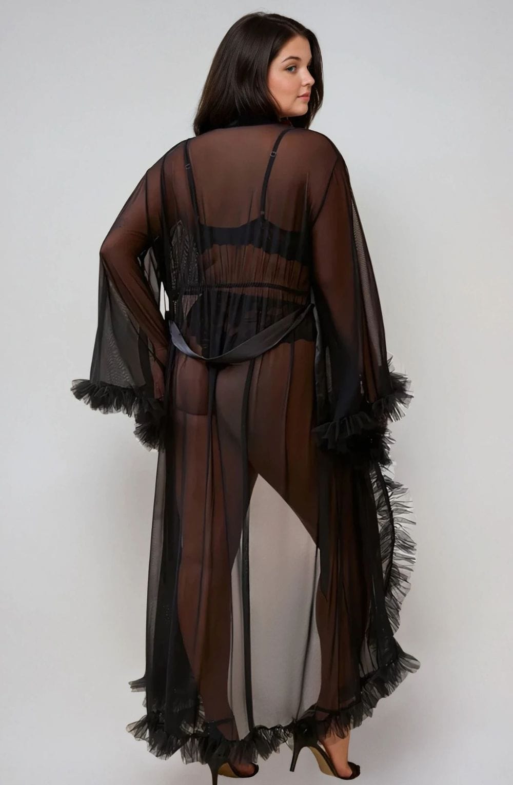 Linsori Noir Sheer Ruffled Evening Robe - side view