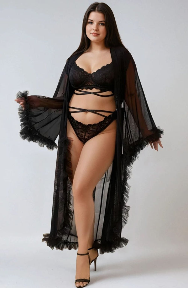 Linsori Noir Sheer Ruffled Evening Robe - back view