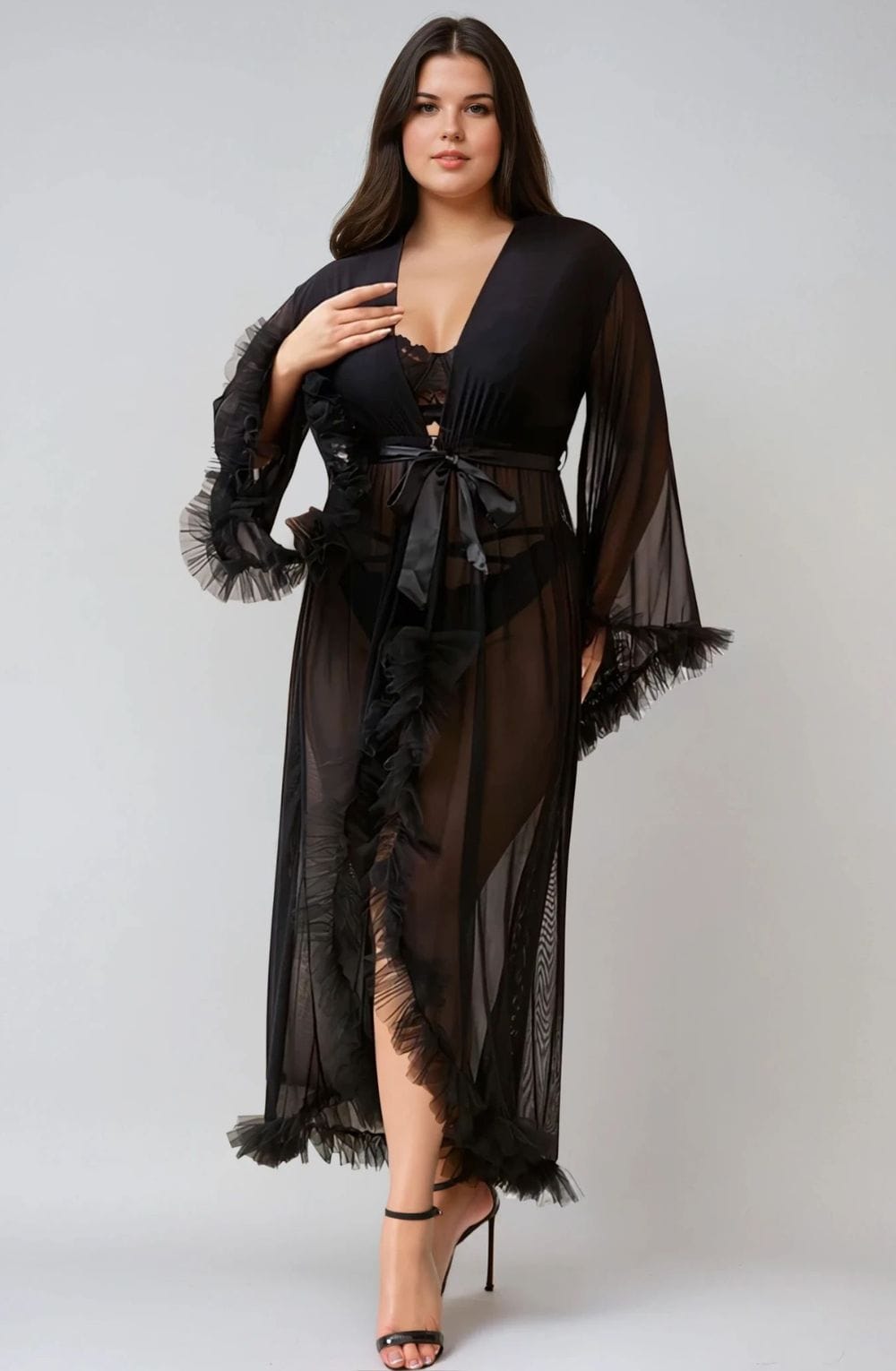 Linsori Noir Sheer Ruffled Evening Robe - detail view