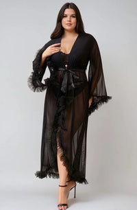 Linsori Noir Sheer Ruffled Evening Robe - detail view